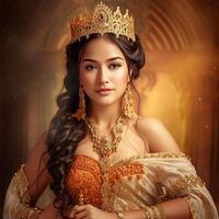 A beautiful girl in an abstract dress as a proud royal princess in abstract background photo