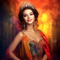 A pretty girl in an abstract dress as a proud royal princess in abstract background photo