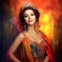 AI Generative A pretty girl in an abstract dress as a proud royal princess in abstract background photo