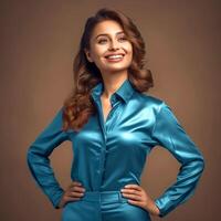 pretty smiling young girl posing to camera in office wear photo