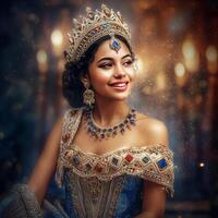 A pretty smiling girl in an abstract dress as a proud royal princess in royal background photo