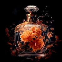 AI Generative A beautiful old royal perfume bottle with floral decoration on a dark background photo