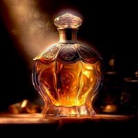Abstract gold color vintage perfume bottle on dark environment photo