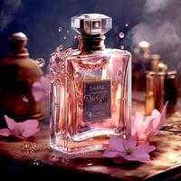 AI Generative Beautiful rose-themed vintage royal perfume bottle in a luxurious background photo