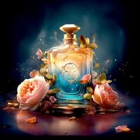 AI Generative A colorful vintage royal perfume bottle with floral decoration on a dark background photo