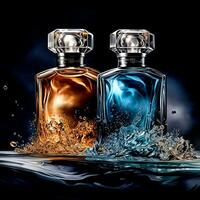 ai generativo resumen azul y oro Clásico perfume botellas en oscuro foto