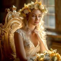 A gorgeous bride in a white dress with a flower crown and bouquet posing to the camera photo