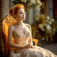 A beautiful bride in a beautiful dress poses for the camera on a royal chair in a wedding setting photo