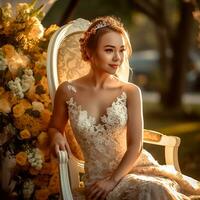 AI Generative A beautiful asian girl in a beautiful dress poses for the camera on a royal chair photo