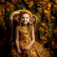 ai generativo un linda pequeño niña vistiendo un elegante flor corona sentado en un silla en un floral decorado antecedentes foto