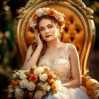 AI Generative A gorgeous girl posing to the camera wearing a crown with bouquet sitting on a luxury chair photo