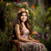 ai generativo un maravilloso en un vistoso vestir posando para el cámara en floral decorado silla foto