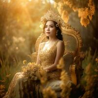 ai generativo un bonito asiático niña vistiendo un elegante dorado corona sentado en un silla decorado con flores foto