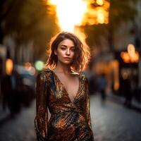 Full body shot of a beautiful model in the evening city photo
