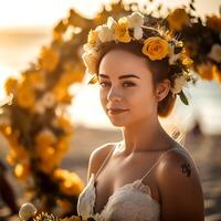 AI Generative A pretty bride posing to the camera in front of a yellow flower arch on the beach in the evening photo