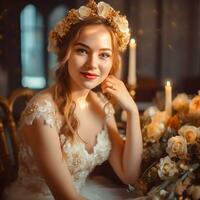 AI Generative A gorgeous bride in elegant wedding dress with a flower crown posing to the camera photo