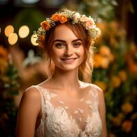 ai generativo maravilloso bonito sonriente novia con flor corona posando a el cámara en borroso naturaleza antecedentes foto