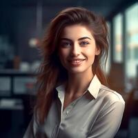 A beautiful girl posing for the camera from the office photo