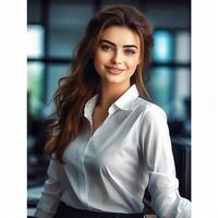 A beautiful girl standing in the office wearing a white shirt photo