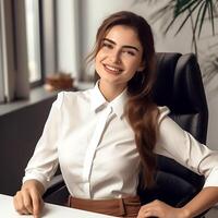 A pretty girl with a beautiful smile in an office dress photo