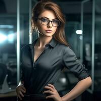 AI Generative A beautiful young woman with eyeglasses poses for the camera in dark office background photo