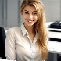 Beautiful office girl smiling at the camera while working in the office photo