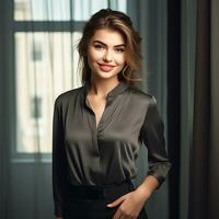 AI Generative Beautiful smiling office girl in black satin shirt photo