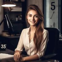 An attractive office girl smiles at the camera while working photo