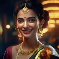 AI Generative Happy attractive young pretty Indian girl in a saree with jewelry photo