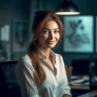 An attractive office girl smiles at the camera photo
