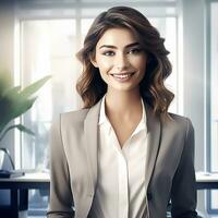 AI Generative Close up of young beautiful business woman in office photo