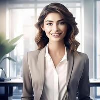 Close up of young beautiful business woman in office photo