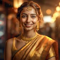 AI Generative beautiful young girl in silk saree with gold jewelries photo
