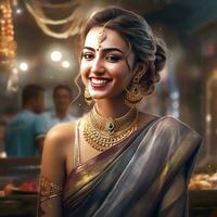 AI Generative Beautiful smiling stylish girl in a beautiful silk saree photo