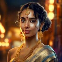 ai generativo bonito indio niña en seda sari con oro joyerías foto