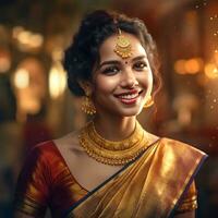 AI Generative Simple looking smiling girl wearing a beautiful saree for the event photo