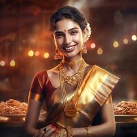 AI Generative Pretty Indian young girl dress up saree photo
