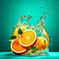 ai generativo resumen chapoteo de naranja rebanadas y naranja hojas en el agua foto