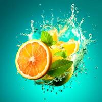 Abstract Splash of orange slices on the water in light green background photo