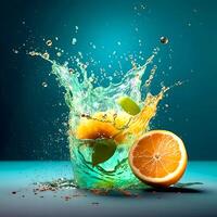 Abstract Splash of orange slices and orange leaves on the water in dark theme photo