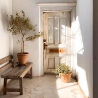 ai generativo decaido antiguo de madera puerta en blanco pared foto