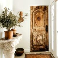 AI Generative An antique wooden door with simple carvings photo