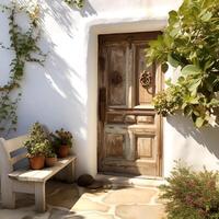 An antique wooden door with block carvings photo