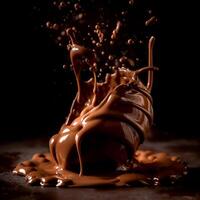Chocolate pieces falling on chocolate sauce photo