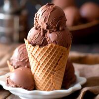 Chocolate cone ice cream on a plate photo