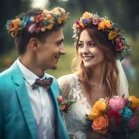 AI Generative A loving pretty smiling couple in flower crowns posing to the camera in blurred background photo