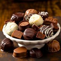 Various chocolates in the white plate photo