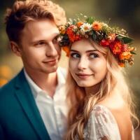 AI Generative A loving pretty couple posing to the camera in blurred nature background photo