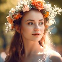 ai generativo un amoroso bonito niña vistiendo un corona de flores en su cabeza en borroso naturaleza antecedentes foto