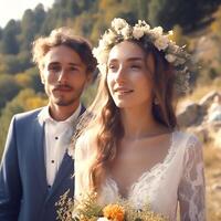 AI Generative A pretty loving couple posing for the camera against a backdrop of mountain peaks photo